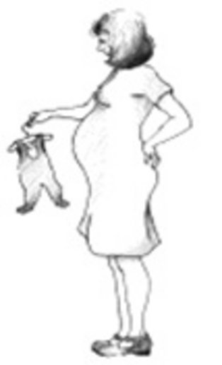 Eine Schwangere hält einen Baby Strampelanzug in der Hand